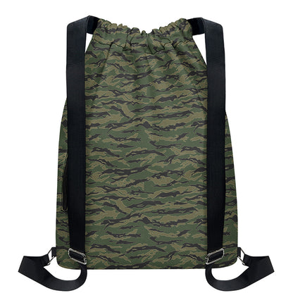 Green Tiger Stripe Camouflage Print Drawstring Backpack