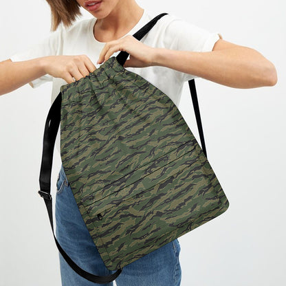 Green Tiger Stripe Camouflage Print Drawstring Backpack