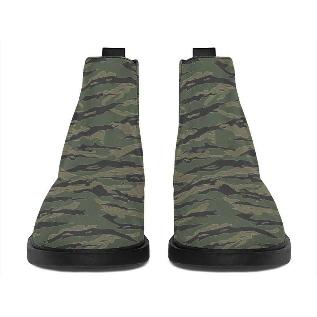 Green Tiger Stripe Camouflage Print Flat Ankle Boots
