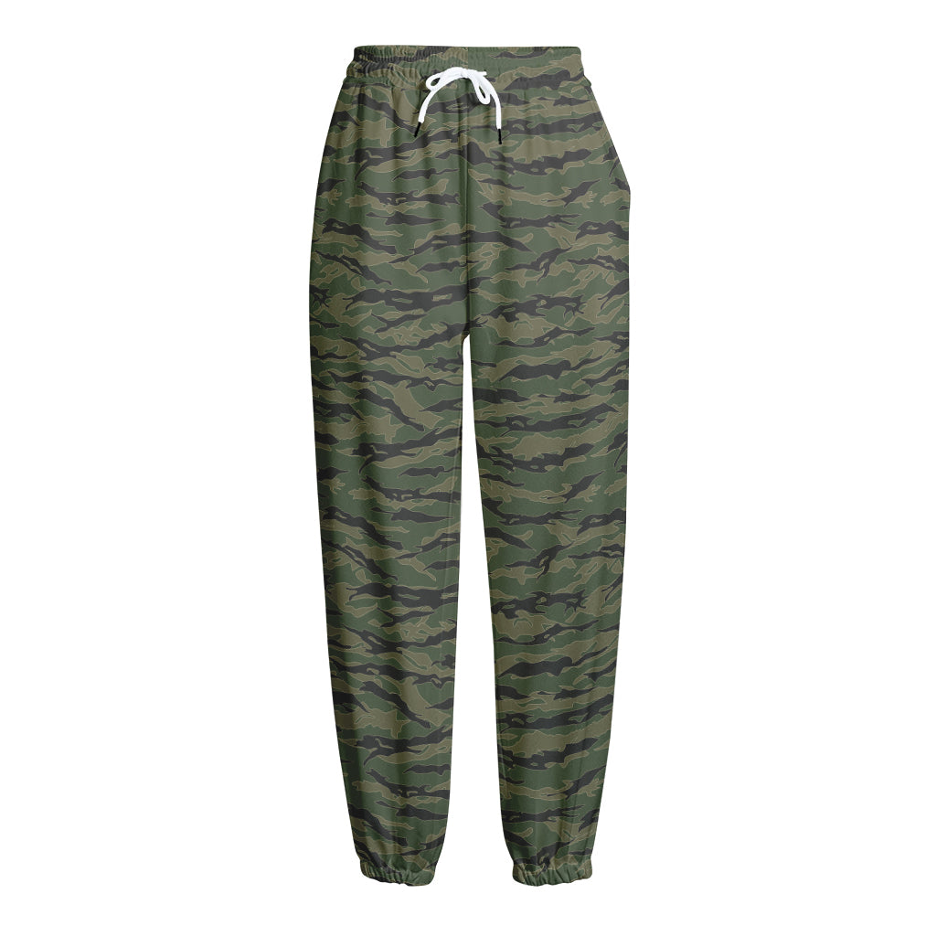 Green Tiger Stripe Camouflage Print Fleece Lined Knit Pants