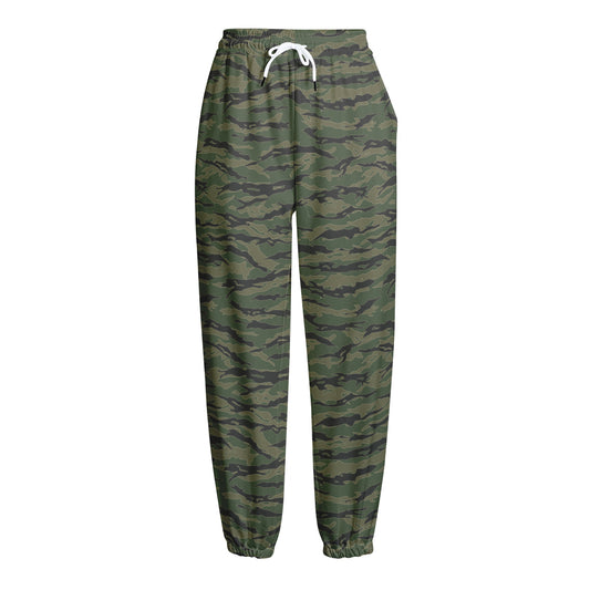 Green Tiger Stripe Camouflage Print Fleece Lined Knit Pants