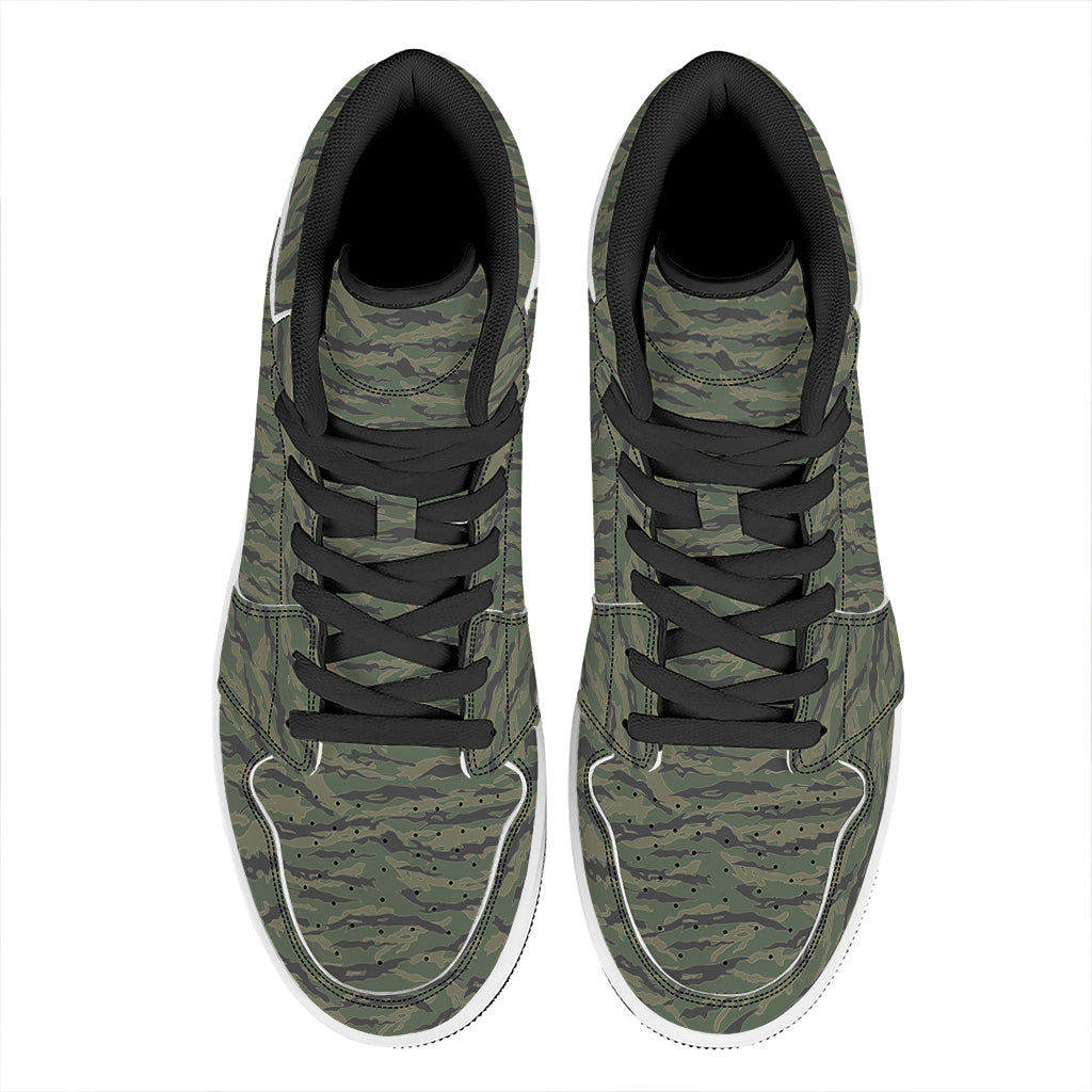 Green Tiger Stripe Camouflage Print High Top Leather Sneakers