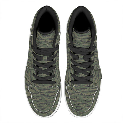 Green Tiger Stripe Camouflage Print High Top Leather Sneakers