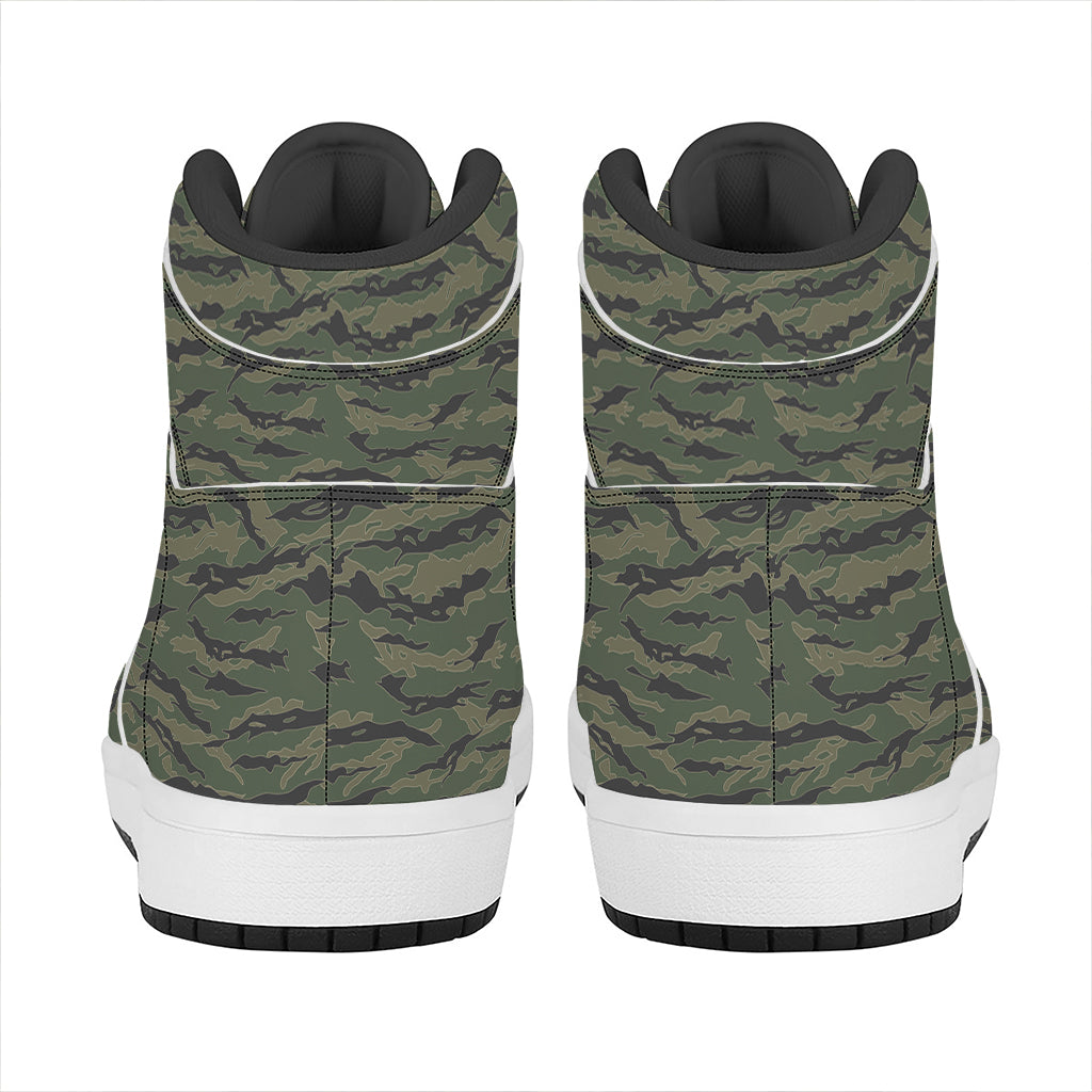 Green Tiger Stripe Camouflage Print High Top Leather Sneakers