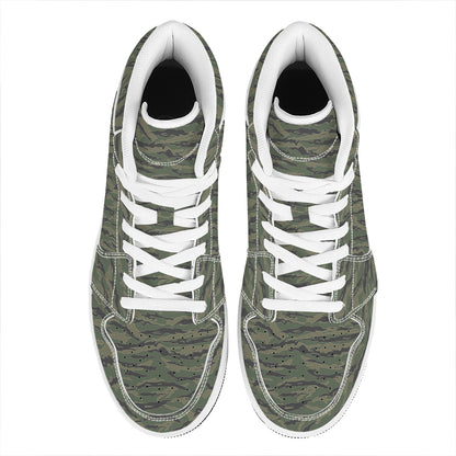 Green Tiger Stripe Camouflage Print High Top Leather Sneakers