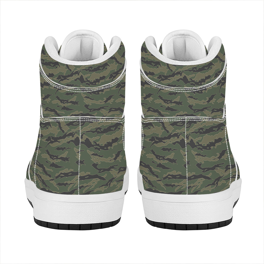 Green Tiger Stripe Camouflage Print High Top Leather Sneakers