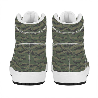 Green Tiger Stripe Camouflage Print High Top Leather Sneakers