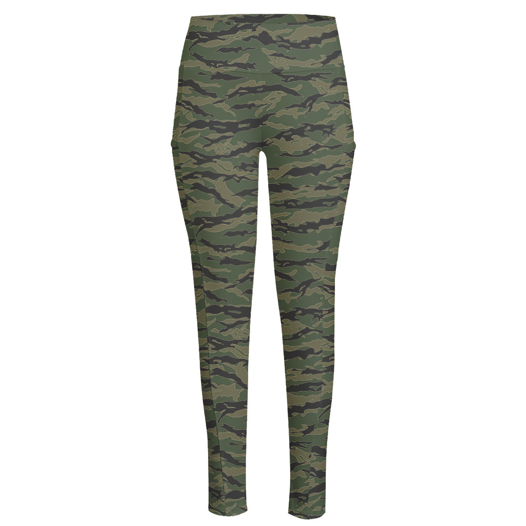 Green Tiger Stripe Camouflage Print High-Waisted Pocket Leggings