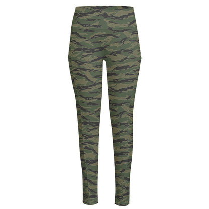 Green Tiger Stripe Camouflage Print High-Waisted Pocket Leggings