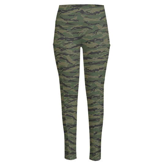 Green Tiger Stripe Camouflage Print High-Waisted Pocket Leggings