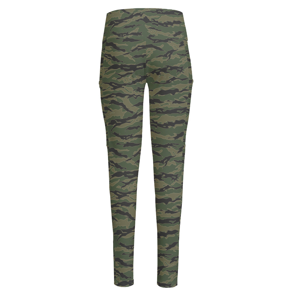 Green Tiger Stripe Camouflage Print High-Waisted Pocket Leggings