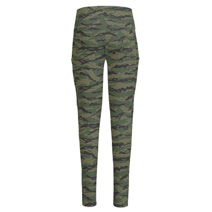 Green Tiger Stripe Camouflage Print High-Waisted Pocket Leggings