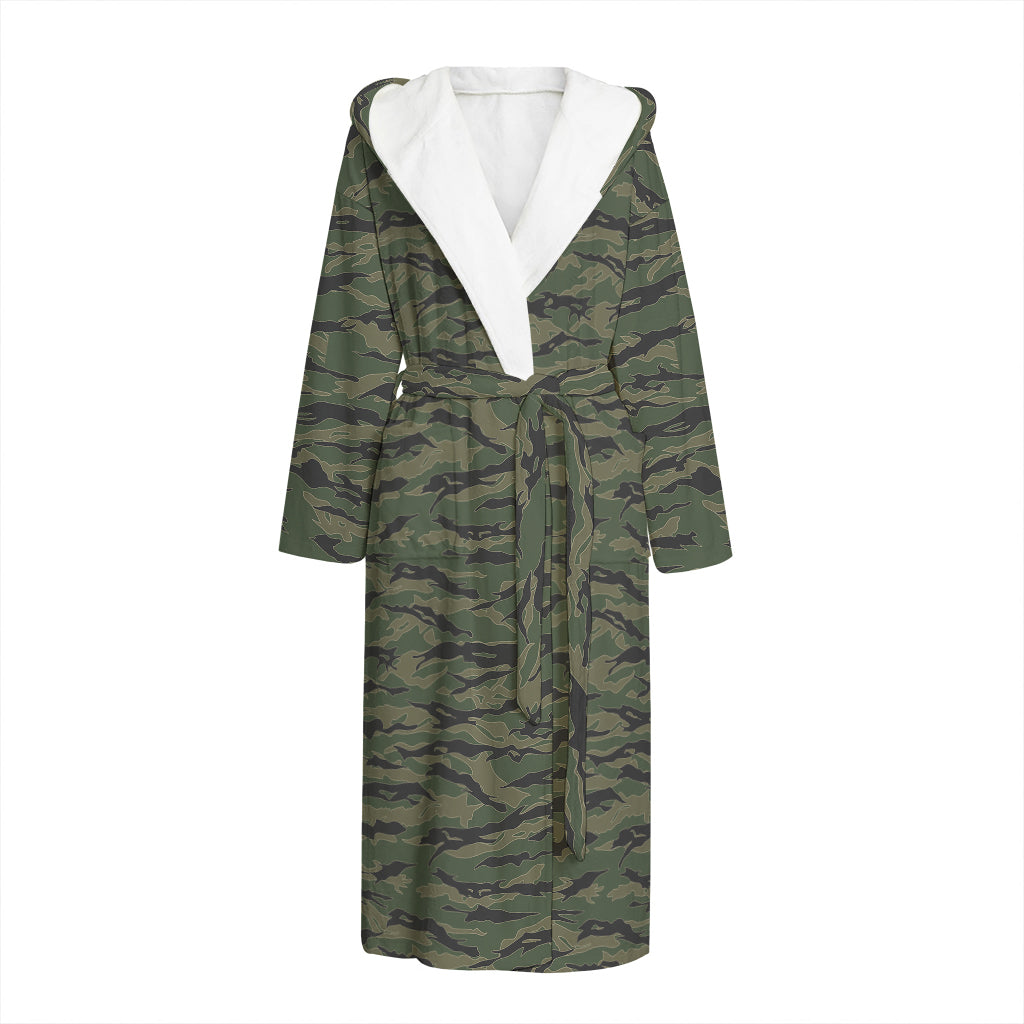 Green Tiger Stripe Camouflage Print Hooded Bathrobe