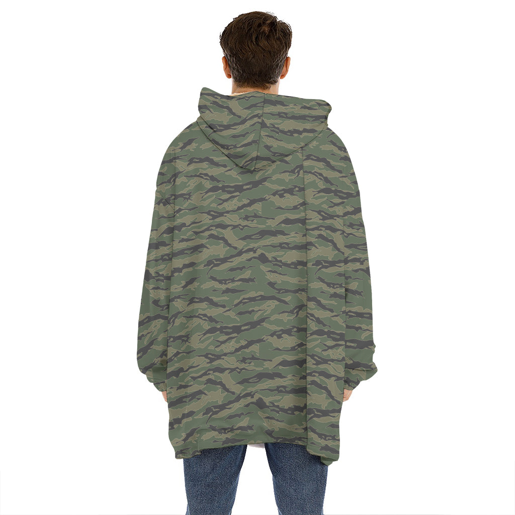 Green Tiger Stripe Camouflage Print Hoodie Blanket