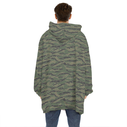 Green Tiger Stripe Camouflage Print Hoodie Blanket