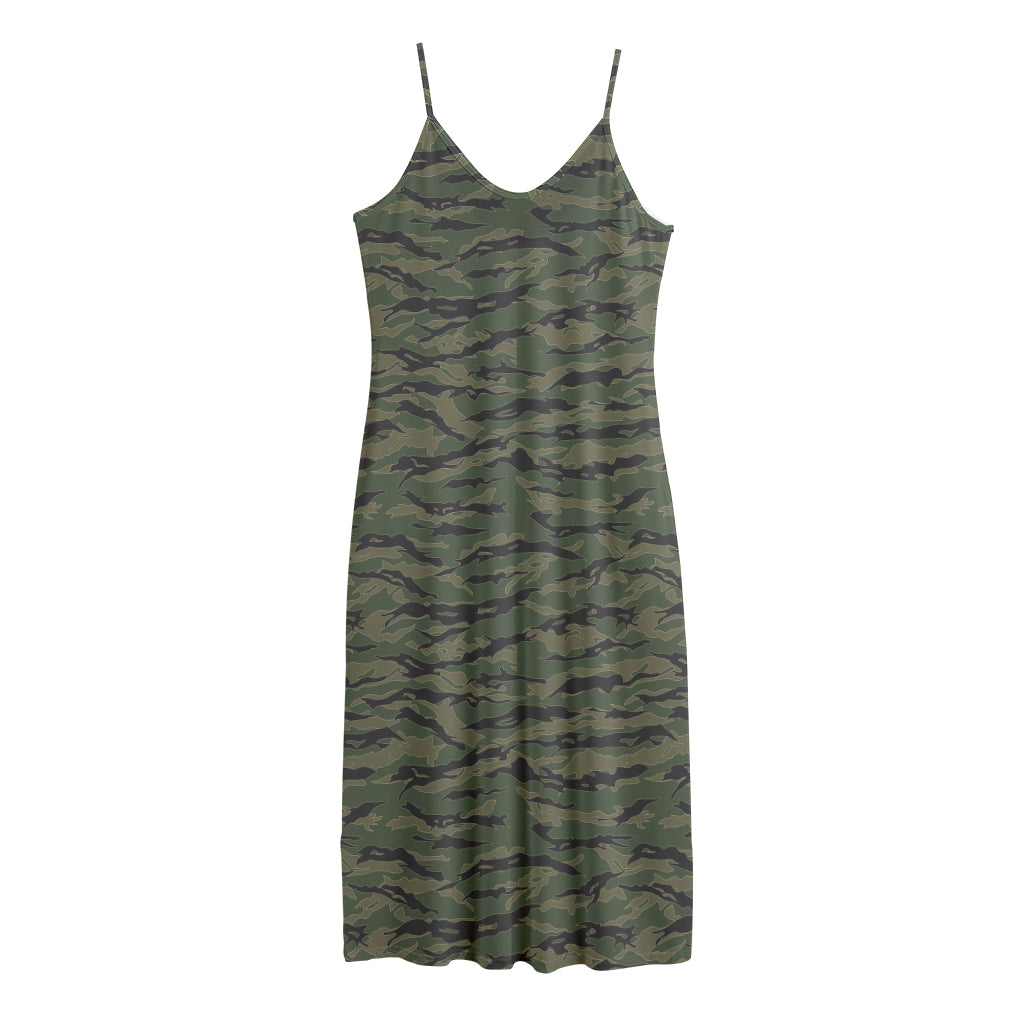 Green Tiger Stripe Camouflage Print Jersey Midi Cami Dress