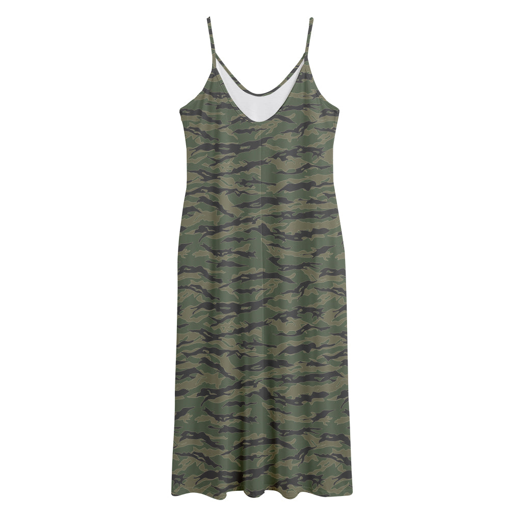 Green Tiger Stripe Camouflage Print Jersey Midi Cami Dress