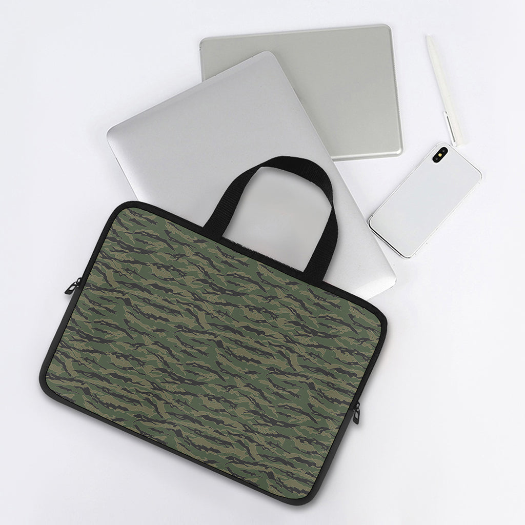Green Tiger Stripe Camouflage Print Laptop Sleeve With Handle