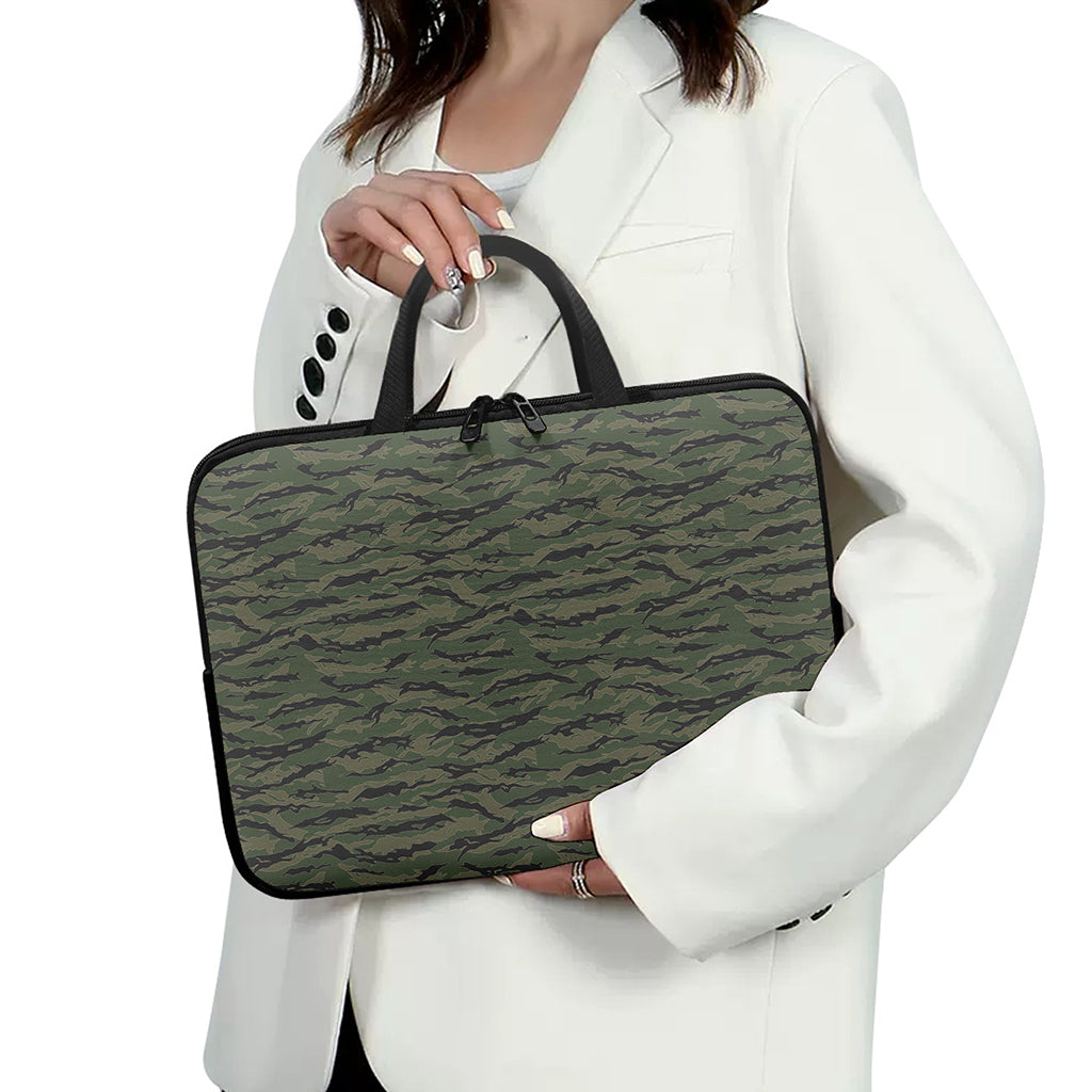 Green Tiger Stripe Camouflage Print Laptop Sleeve With Handle
