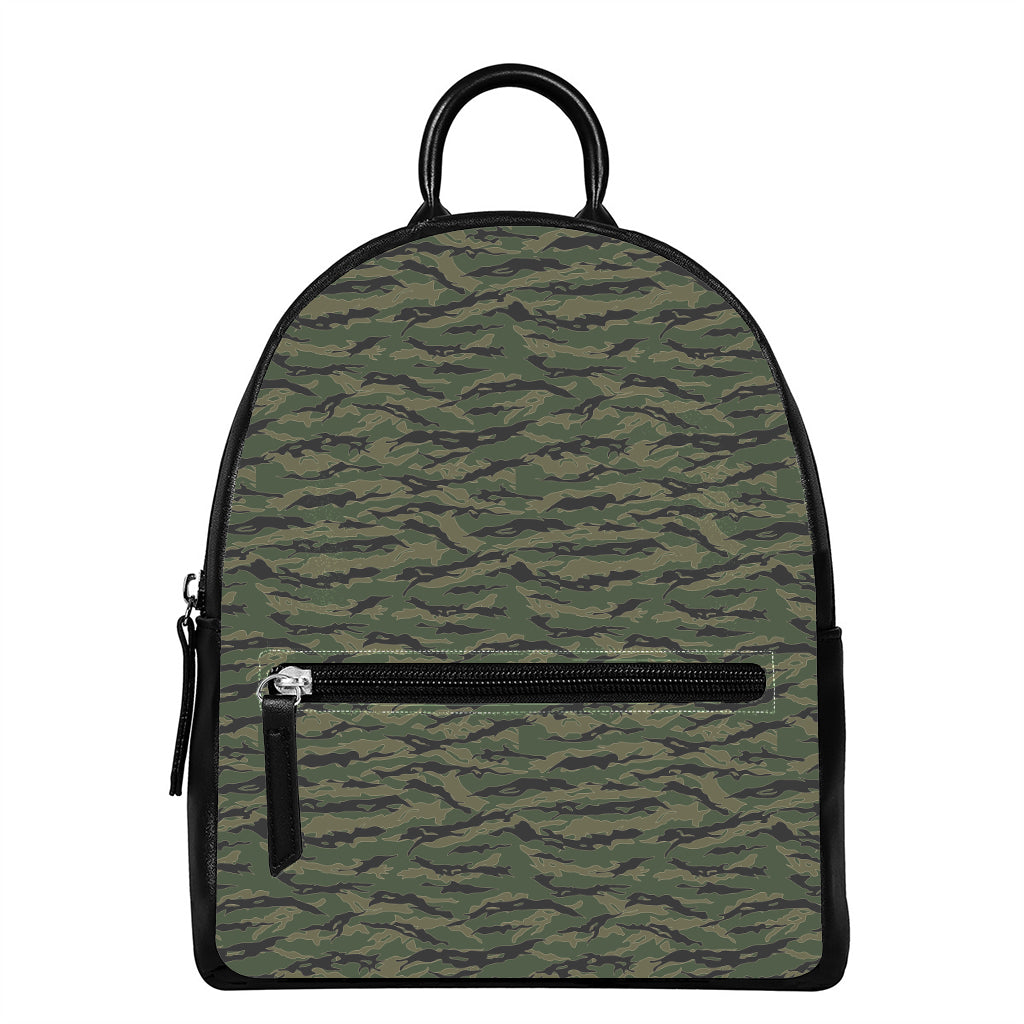 Green Tiger Stripe Camouflage Print Leather Backpack