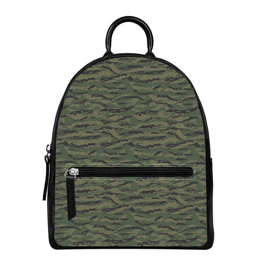 Green Tiger Stripe Camouflage Print Leather Backpack