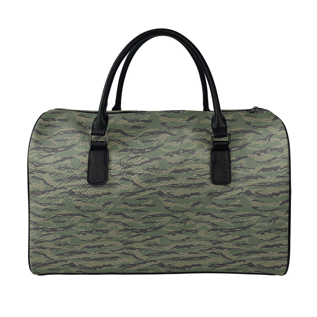 Green Tiger Stripe Camouflage Print Leather Duffle Bag