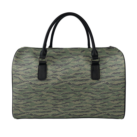 Green Tiger Stripe Camouflage Print Leather Duffle Bag
