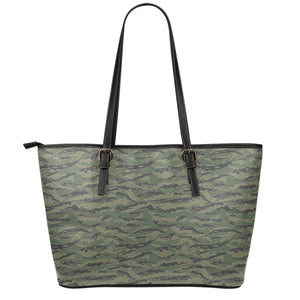 Green Tiger Stripe Camouflage Print Leather Tote Bag