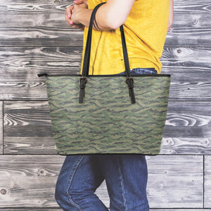 Green Tiger Stripe Camouflage Print Leather Tote Bag