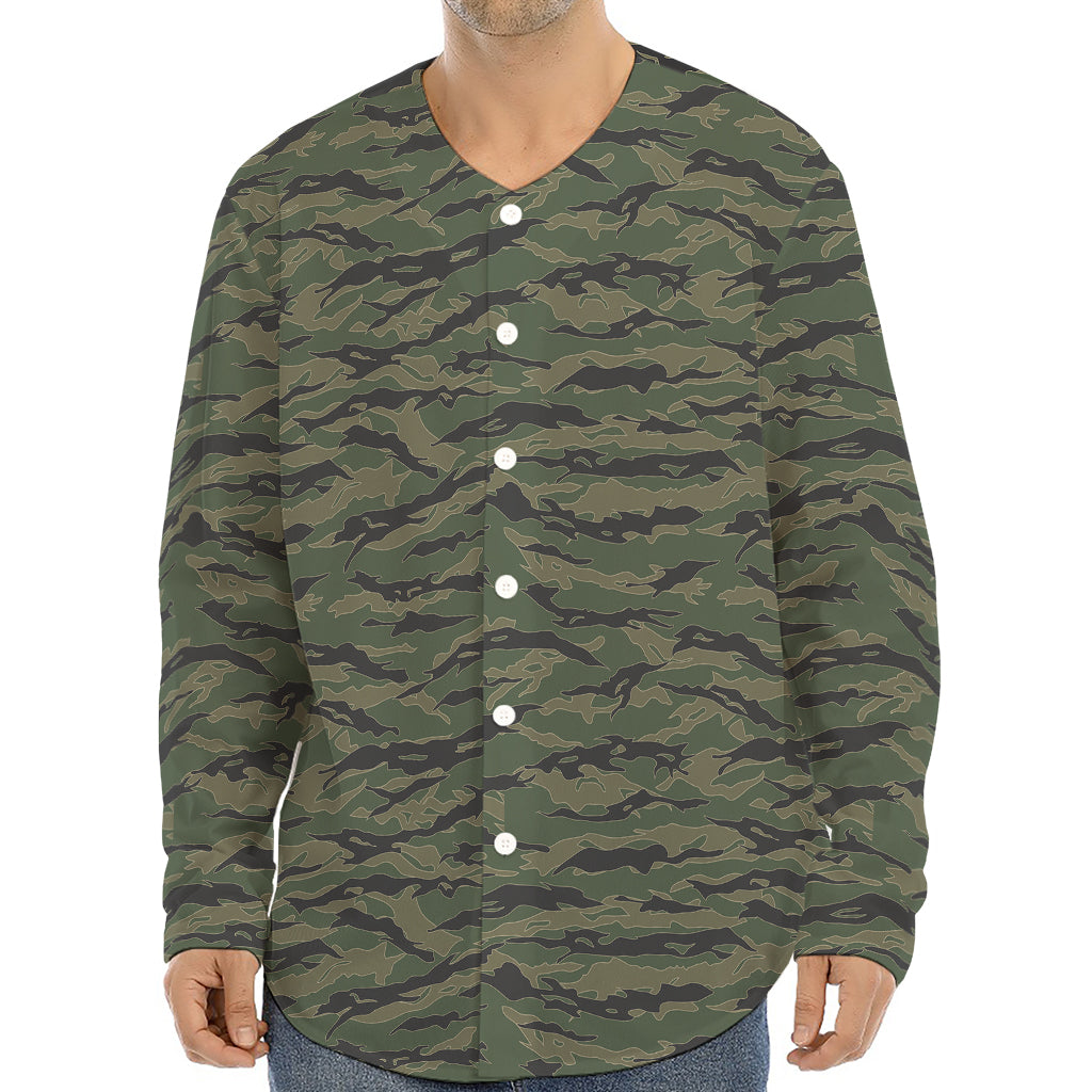 Green Tiger Stripe Camouflage Print Long Sleeve Baseball Jersey
