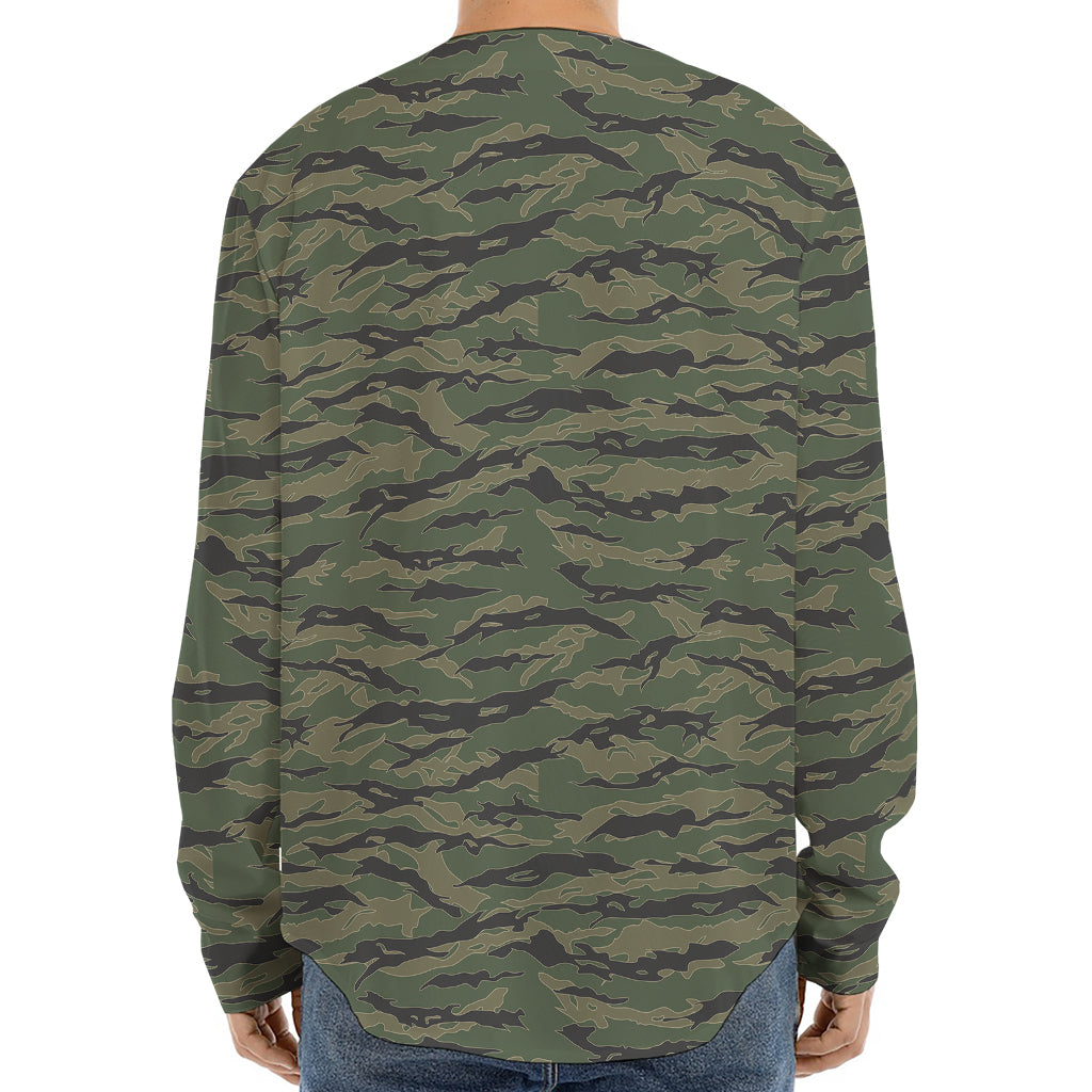 Green Tiger Stripe Camouflage Print Long Sleeve Baseball Jersey