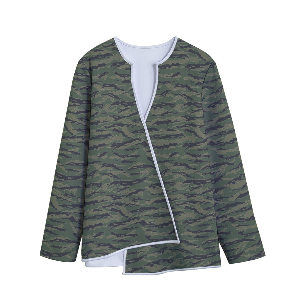 Green Tiger Stripe Camouflage Print Long Sleeve Short Coat