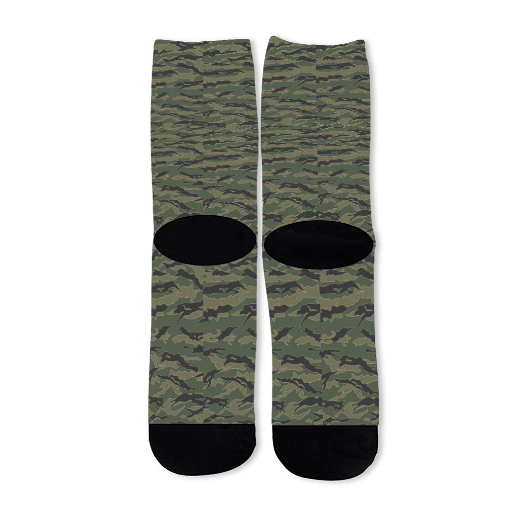 Green Tiger Stripe Camouflage Print Long Socks