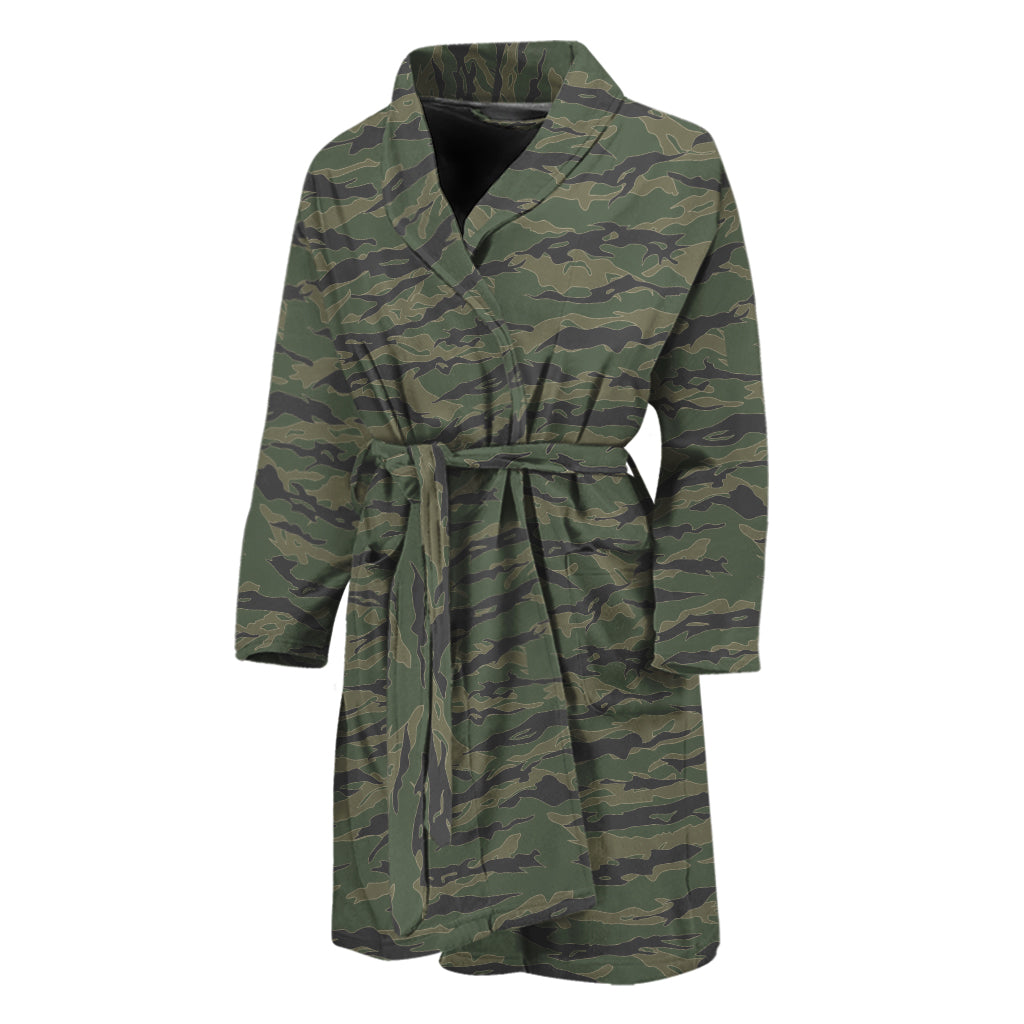 Green Tiger Stripe Camouflage Print Men's Bathrobe
