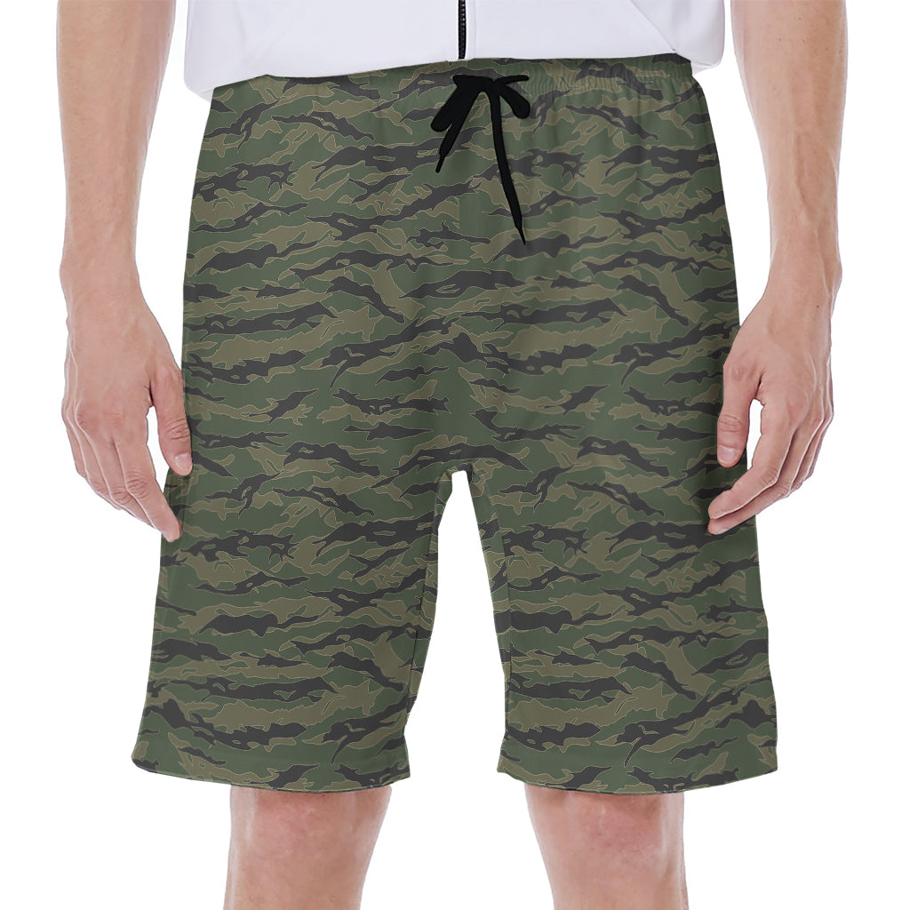 Green Tiger Stripe Camouflage Print Men's Beach Shorts