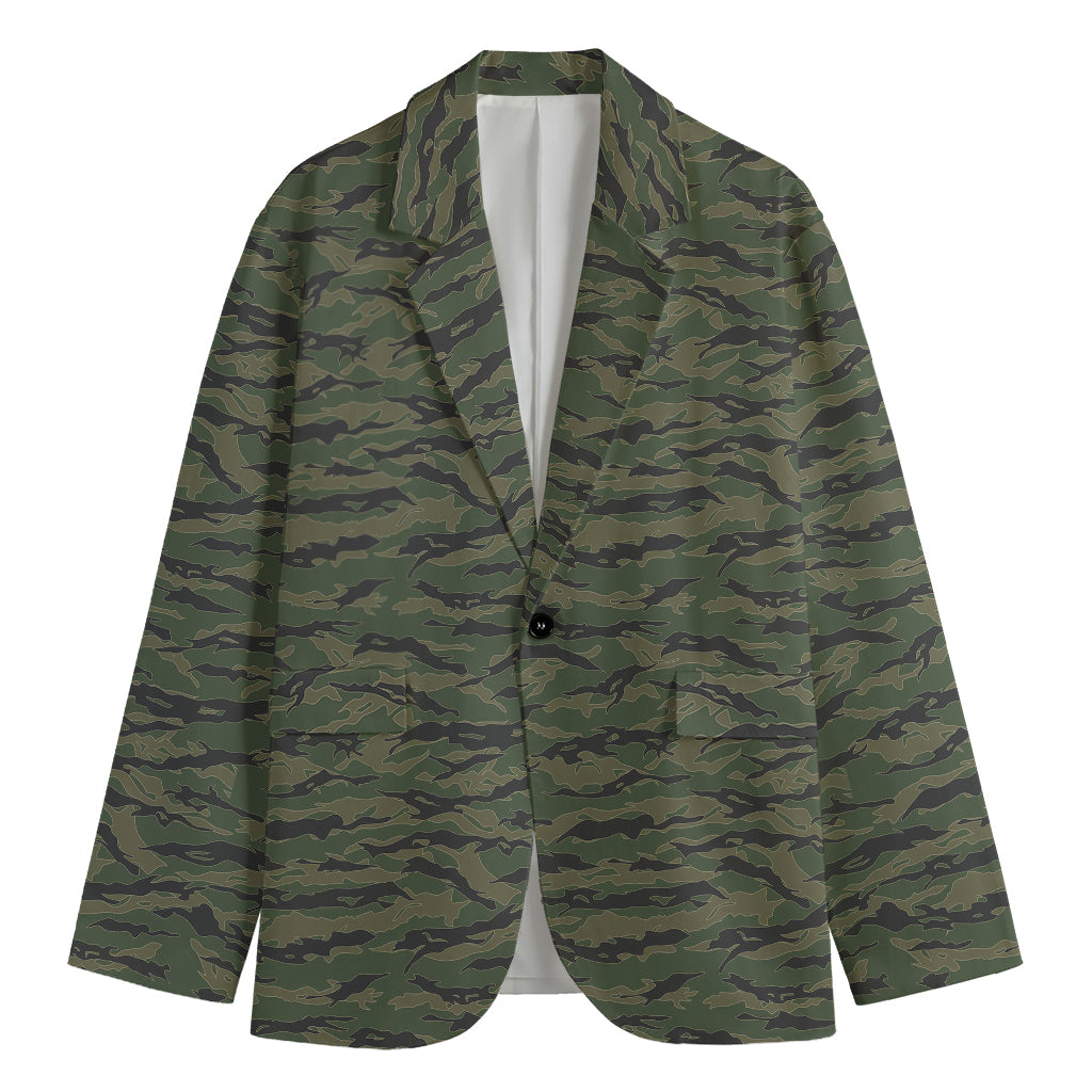 Green Tiger Stripe Camouflage Print Men's Blazer