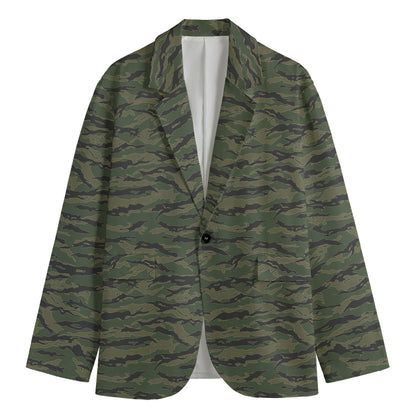 Green Tiger Stripe Camouflage Print Men's Blazer