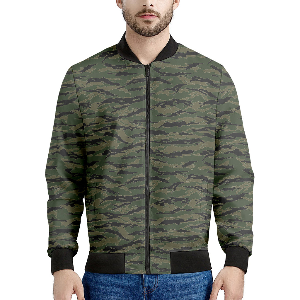 Green Tiger Stripe Camouflage Print Men's Bomber Jacket