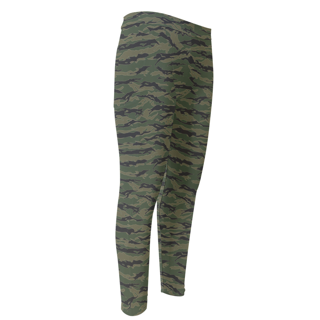 Green Tiger Stripe Camouflage Print Men's Compression Pants