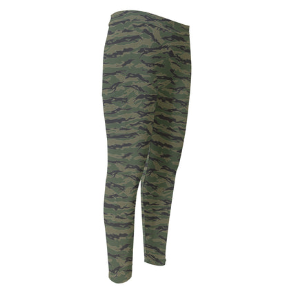 Green Tiger Stripe Camouflage Print Men's Compression Pants