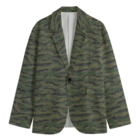 Green Tiger Stripe Camouflage Print Men's Cotton Blazer