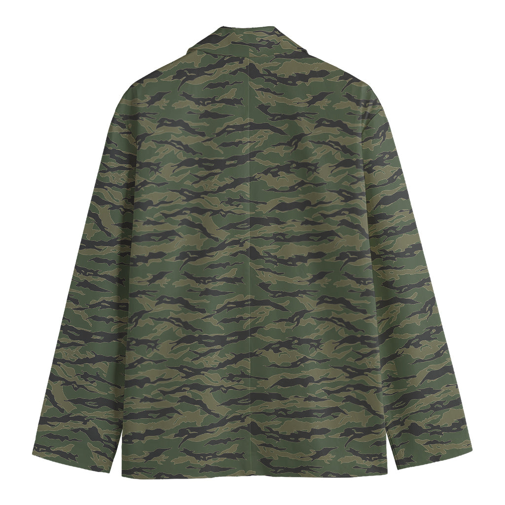 Green Tiger Stripe Camouflage Print Men's Cotton Blazer