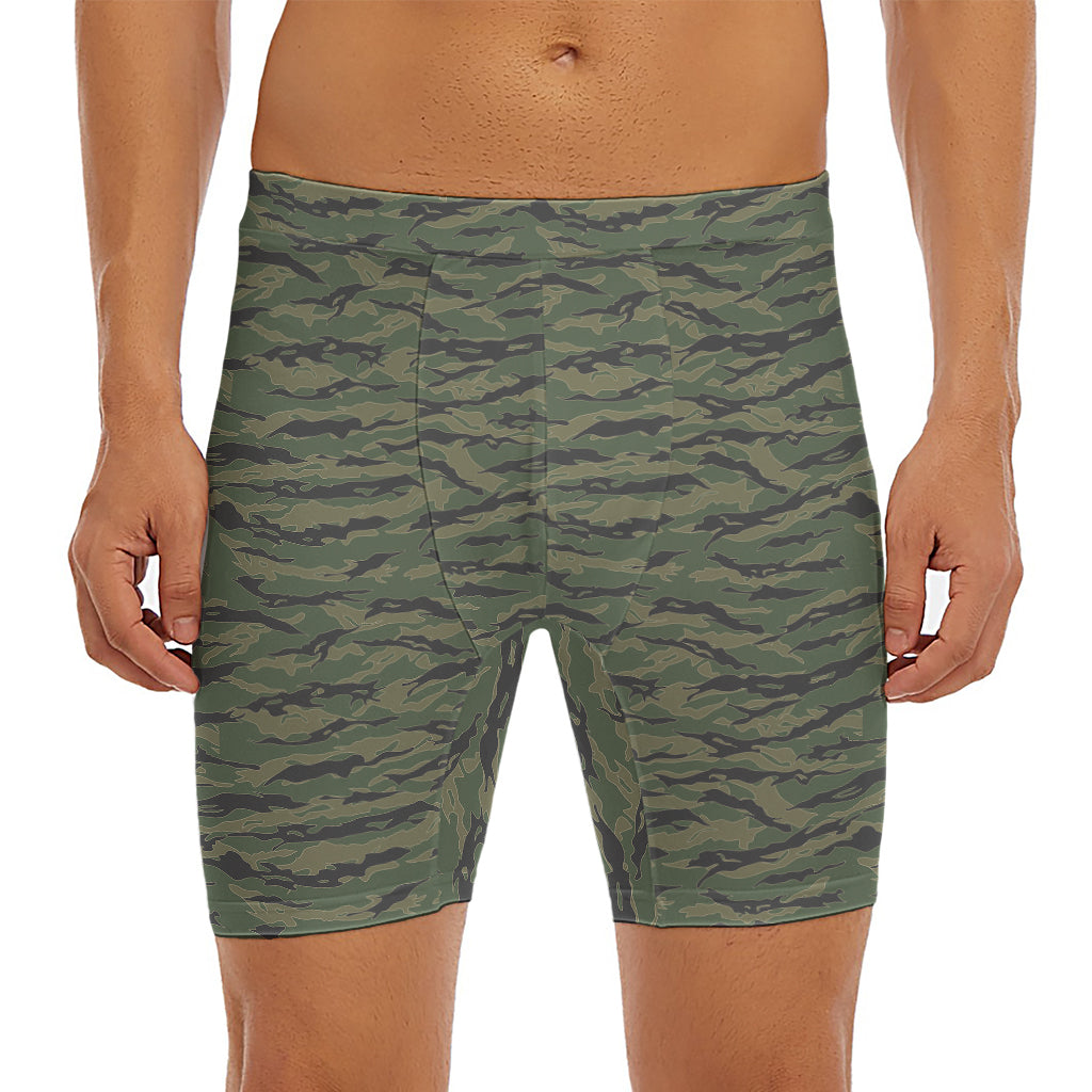 Green Tiger Stripe Camouflage Print Men's Long Boxer Briefs