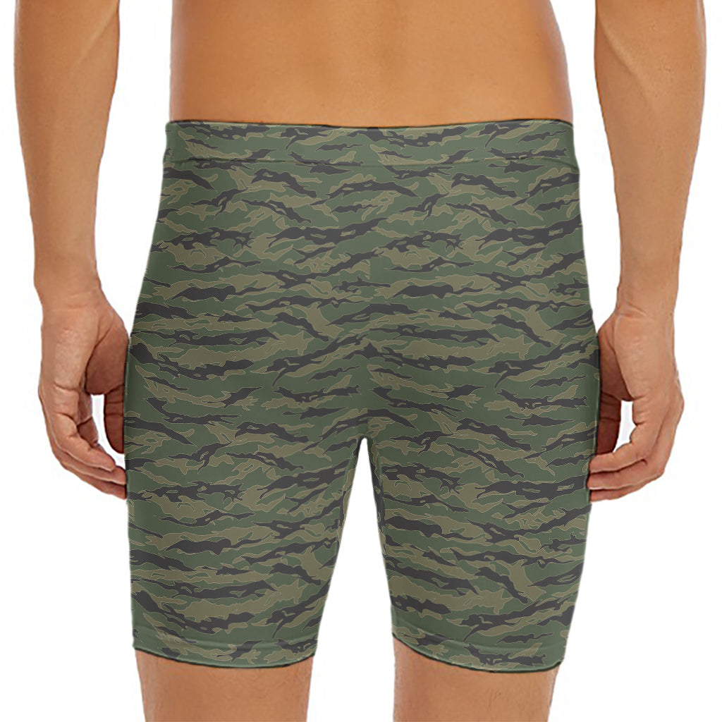 Green Tiger Stripe Camouflage Print Men's Long Boxer Briefs