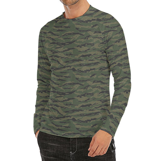 Green Tiger Stripe Camouflage Print Men's Long Sleeve Rash Guard