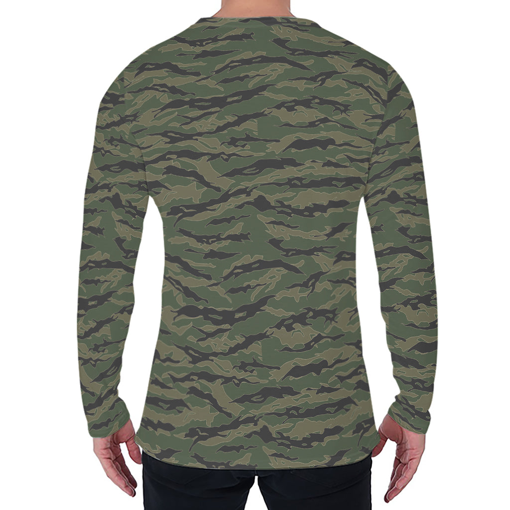 Green Tiger Stripe Camouflage Print Men's Long Sleeve T-Shirt