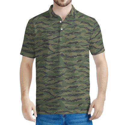 Green Tiger Stripe Camouflage Print Men's Polo Shirt