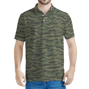 Green Tiger Stripe Camouflage Print Men's Polo Shirt