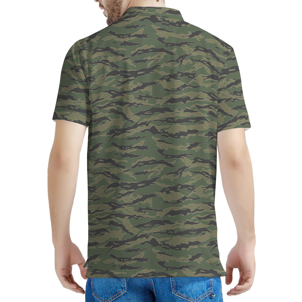 Green Tiger Stripe Camouflage Print Men's Polo Shirt