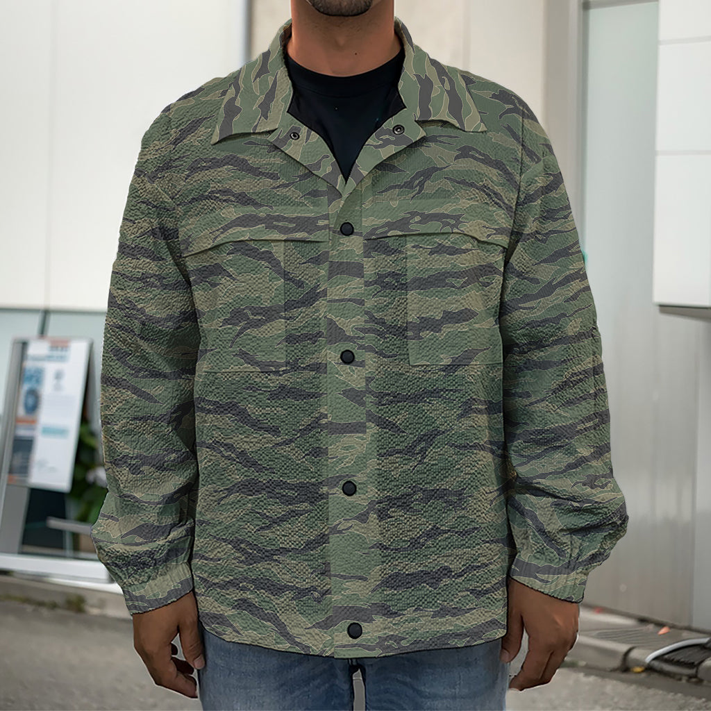 Green Tiger Stripe Camouflage Print Men's Shirt Jacket